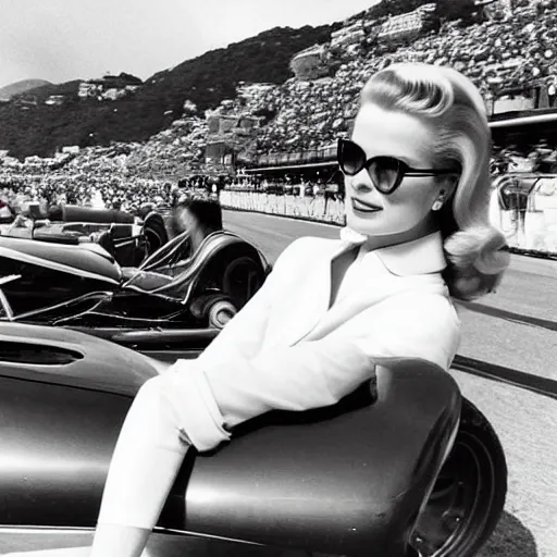 Image similar to selfie smartphone photo of a young Grace Kelly at the Monaco Gran Prix, F1 cars blurred in background, iphone photo, smartphone resolution, trending on instagram, influencer photography