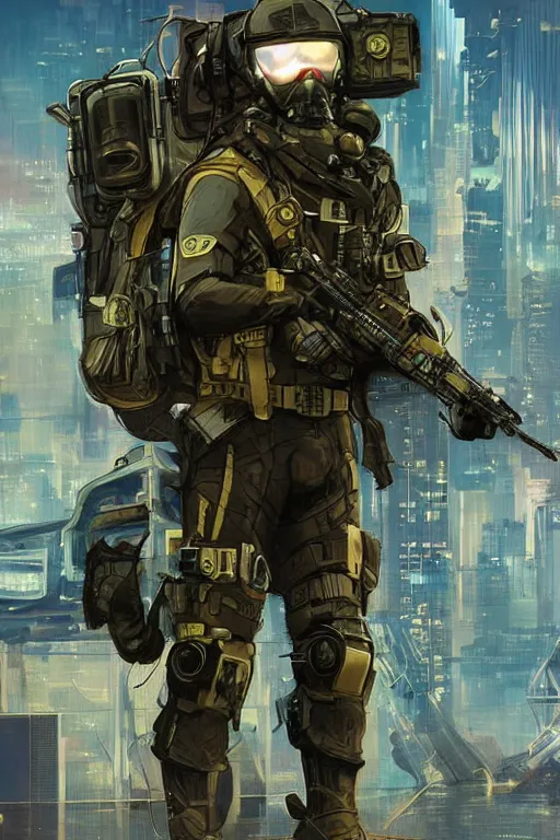 Prompt: Hosea. USN special forces futuristic recon operator, cyberpunk military hazmat exo-suit, on patrol in the Australian autonomous zone, deserted city skyline. 2087. Concept art by James Gurney and Alphonso Mucha