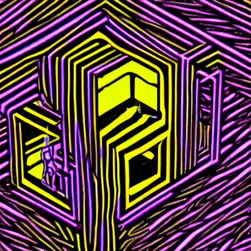 Prompt: man trapped tightly in the floating cube, (contortionism) (single point perspective) (gritty atmosphere) (neon colors)-n9