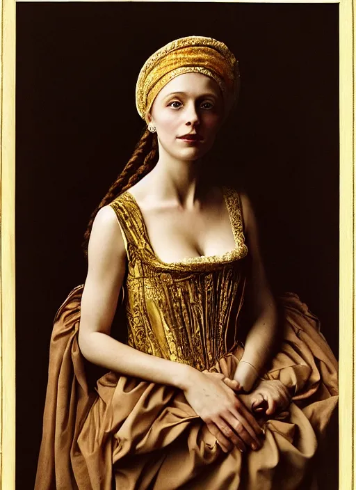 Image similar to portrait of young woman in renaissance dress and renaissance headdress, art by annie leibovitz