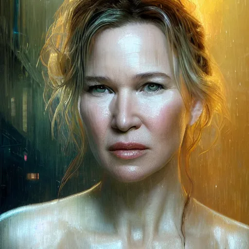 Prompt: renee zellweger, hyperrealistic portrait, bladerunner street, art of elysium by jeremy mann and alphonse mucha, fantasy art, photo realistic, dynamic lighting, artstation, poster, volumetric lighting, very detailed face, 4 k, award winning