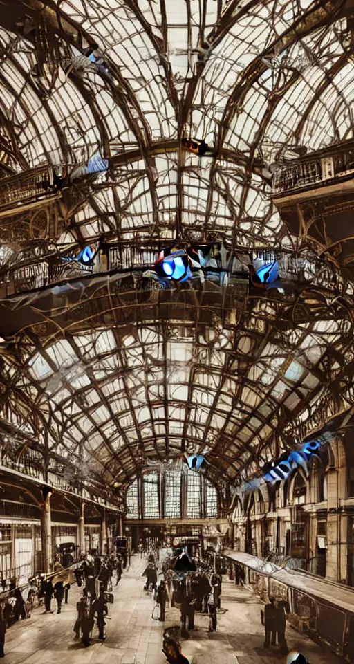 Prompt: interior of a steampunk victorian railway station, people everywhere, atmospheric, dramatic architecture