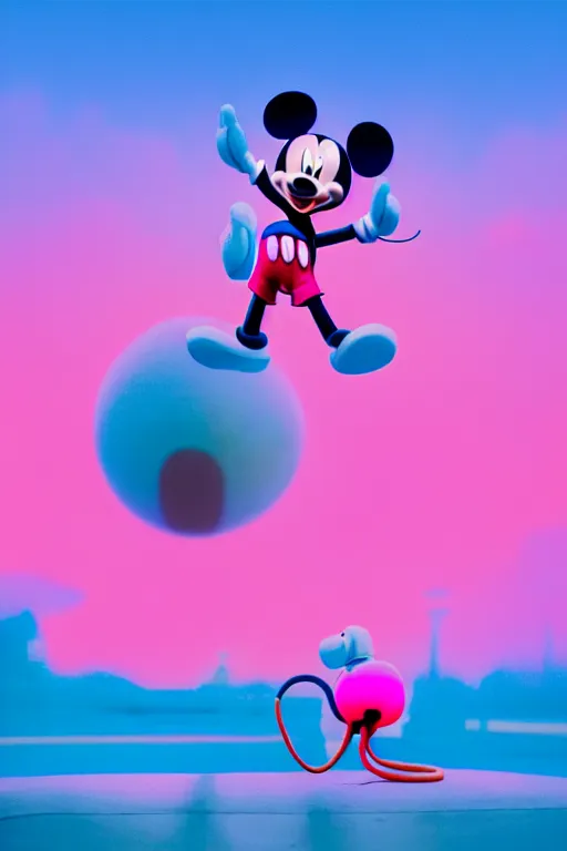 Prompt: a beeple painting of mickey mouse and a giant robot, by beeple in pink and blue colour, highly detailed, rendered in octane