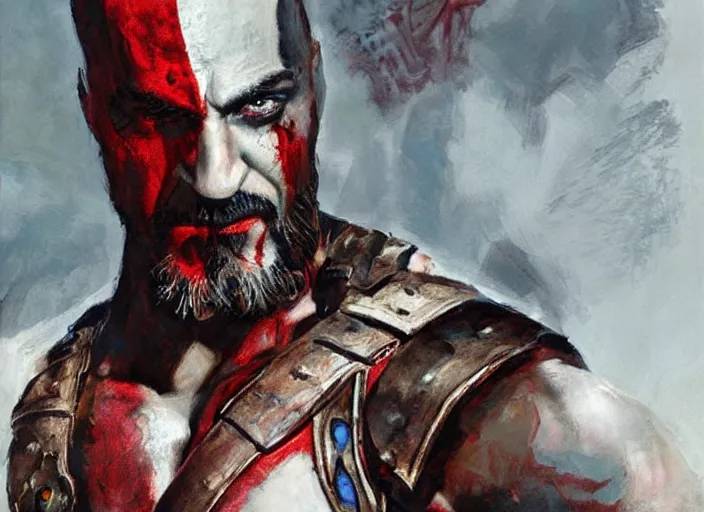 Image similar to a highly detailed beautiful portrait of robert downey jr as kratos, by gregory manchess, james gurney, james jean