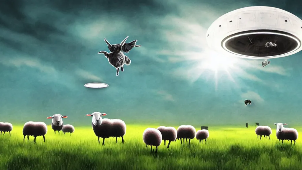 Image similar to sheep in a field being abducted by a ufo!, hyper energy, punk aesthetic, concept art, sharp focus, illustration,