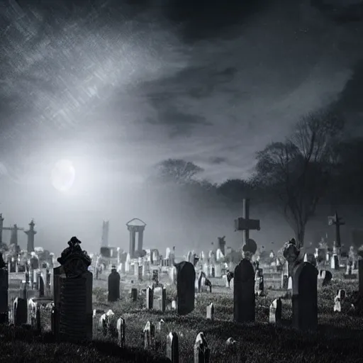 Prompt: lit chandeliers falling in a graveyard, moonlight sky, haunting, ravens, ghostly vibe