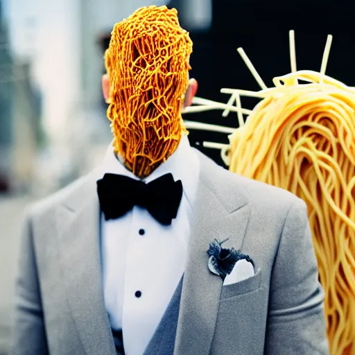 Image similar to sharp portrait of a man in a suit with a face made of spaghetti standing in los angeles with blured zombies on a background, bokeh, detailed, film photography, kodak portra 4 0 0, mamiya,