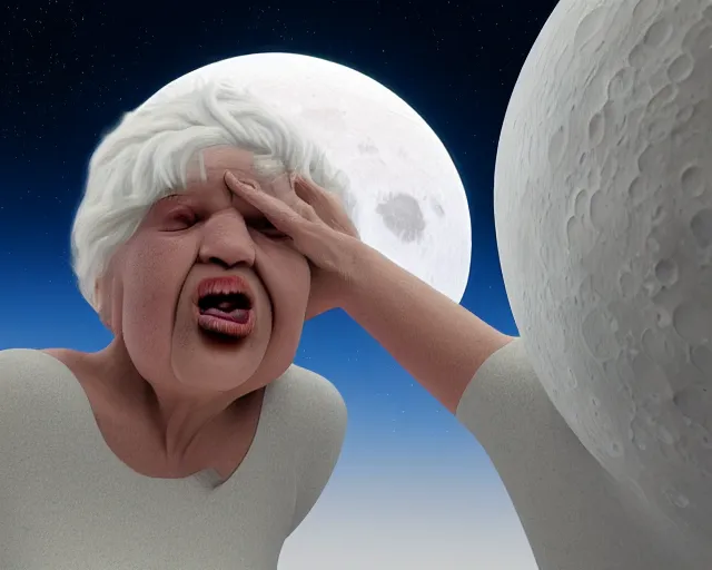 Prompt: of a very beautiful scene. ambient occlusion render. a sweet fat old woman is giving birth to the moon. hyper realistic. 4 k. wide angle. wild. symmetrical face, red mouth, blue eyes. deep focus, lovely scene. ambient occlusion render. concept art. unreal engine.