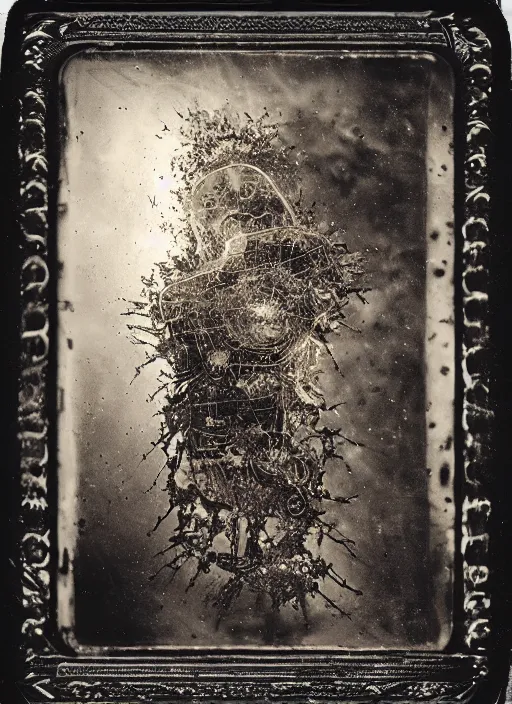 Image similar to old wetplate daguerreotype portrait of the birth of a super hero, explosion of data fragments, fractal, intricate, elegant, highly detailed, parallax, leica, medium format, subsurface scattering, by jheronimus bosch and greg rutkowski and louis jacques mande daguerre