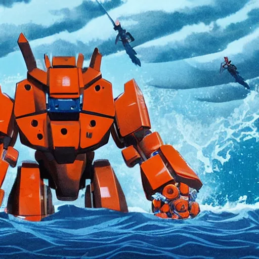 Image similar to a giant athletic sleek well - designed strong blue mecha robot fighting a giant orange monstrous hammerhead shark kaiju creature in waist deep water