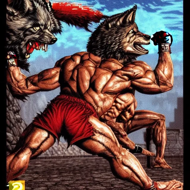 Image similar to extreme long shot. 8 bit nes graphics. antropomorphic muscular masculine wolf. kickboxer fighter, in shorts. wolf head. fine details, very sharp, art from nes game cartridge, marc simonetti and hermann nitsch