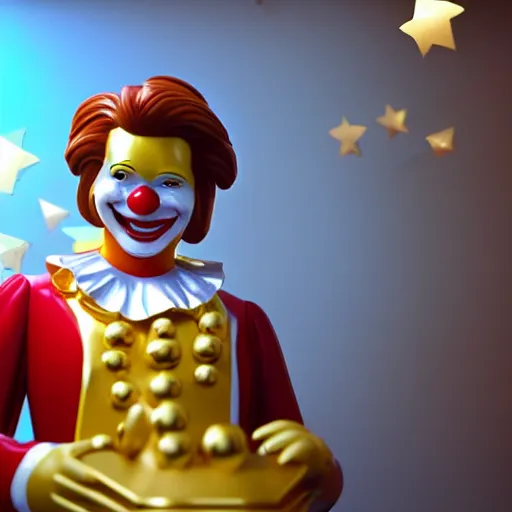 Image similar to A still of Ronald McDonald surrounded by gold and diamonds, Award-winning, photograph, 3d render, unreal engine, 4k detailed