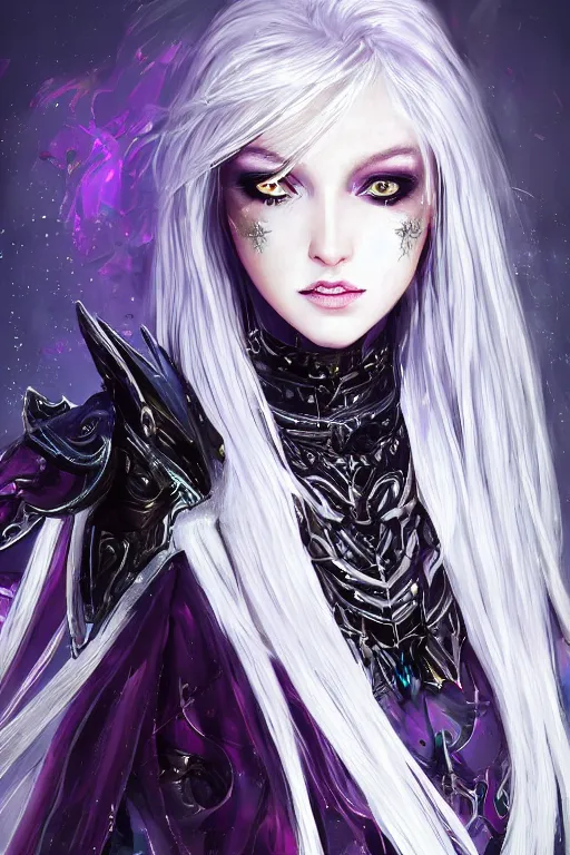 Image similar to portrait evilly white hair knights of Zodiac girl, metalic deep purple and black reflected armor, in ruined Agora of Athens thunder sparkling flash night, ssci-fi, fantasy, intricate, very very beautiful, elegant, highly detailed, digital painting, artstation, concept art, smooth, sharp focus, illustration, art by tian zi and WLOP and alphonse mucha