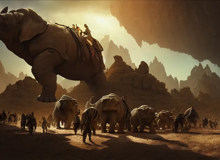 Prompt: the big large expedition with a crowd of adventurers being brought by gigantic transport rhinos carrying stuff towards the desert of duhnes medium shot, key art by craig mullins, bloom, dramatic lighting, cinematic, high details