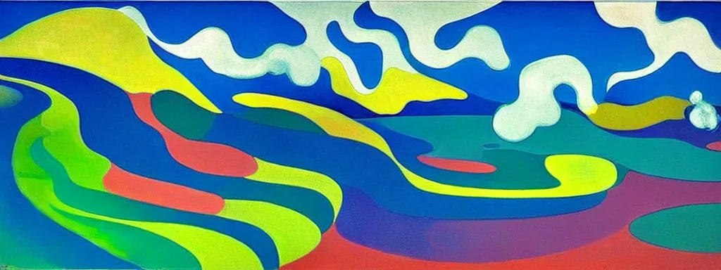 Image similar to Psychedelic sci-fi dreamworld. Landscape painting. Organic. Winding rushing water. Waves. Clouds. Landscape by Wayne Thiebaud. Matisse.