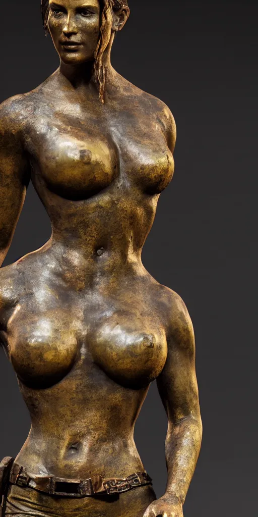 Image similar to detailed photo of an old bronze patina statue of a beautiful lara croft posing for a full body portrait, photorealismintricate detail, museum diffuse lighting