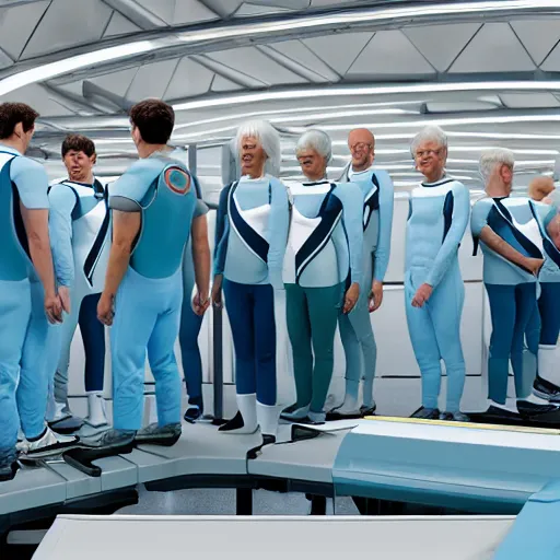 Image similar to group of identical athletic humans with light blue neoprene suits and white hair standing in a line on a conveyor belt, background of advanced futuristic laboratory, sci - fi, highly detailed, hyperrealistic