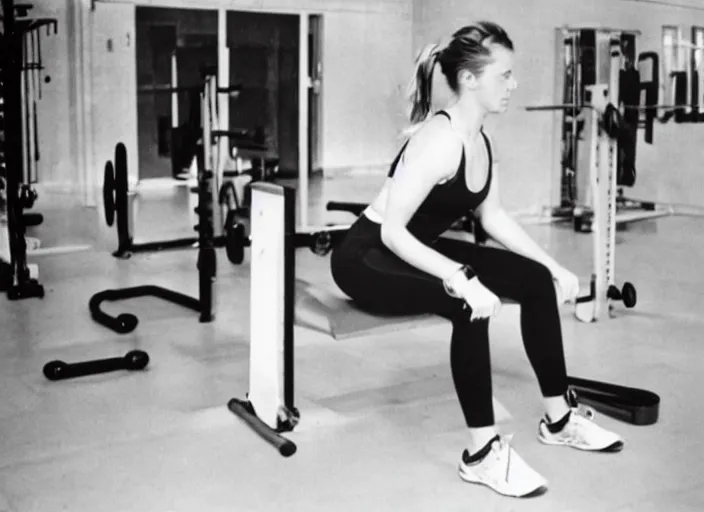 Prompt: Photos from the 80's. A woman is working out in the gym.