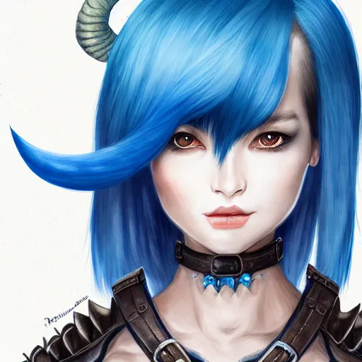 Image similar to illustrated realistic portrait female ram-horned kobold with asymmetric short haircut blue hair with dark eyes wearing strap leather armor by rossdraws