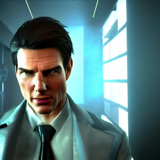 Image similar to Tom Cruise as a Square Enix Villain 2005 JRPG cinema 4d render, Ray tracing reflection, natural lighting, Unreal Engine award winning photography
