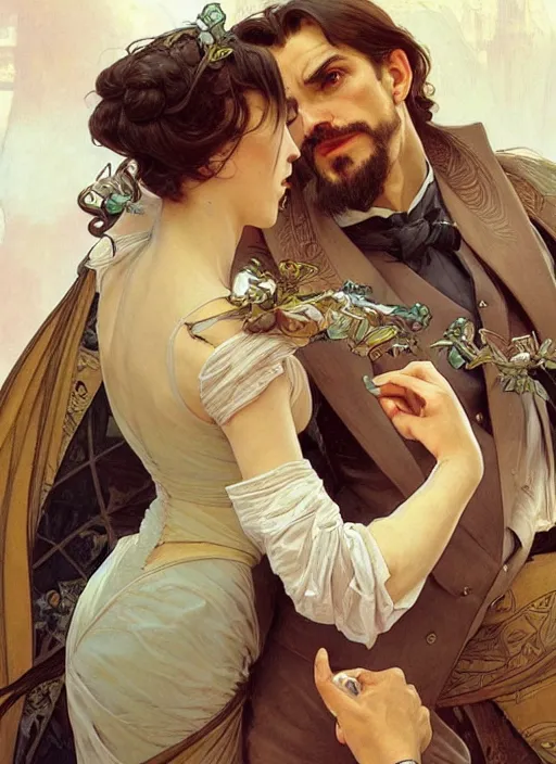 Image similar to an elegant couple, a man and a woman, having an argument. they are angry, pointing at each other. close up on beautiful highly detailed faces. painting by artgerm and greg rutkowski and alphonse mucha