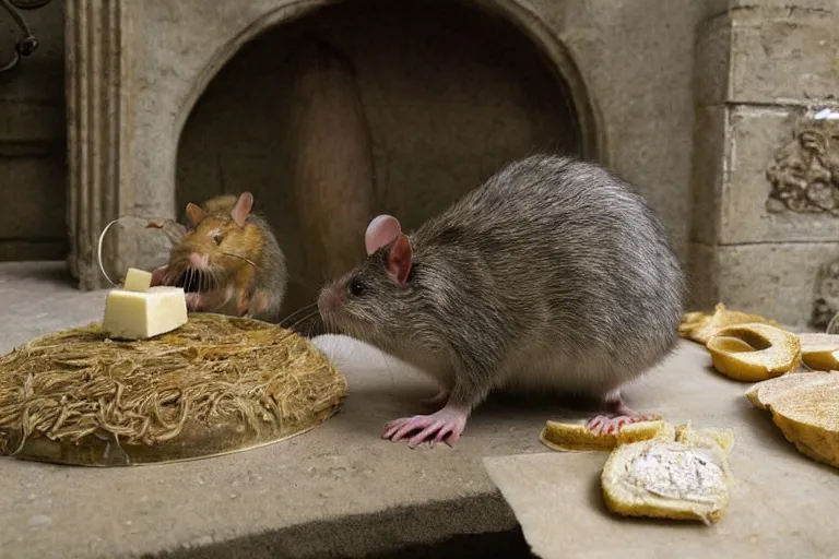 Prompt: 9, photo, emma watson as anthropomorphic furry - rat, 1 8 6 5 5, she is a real huge fat rat with rat body, cats! are around, eating cheese, highly detailed, intricate details