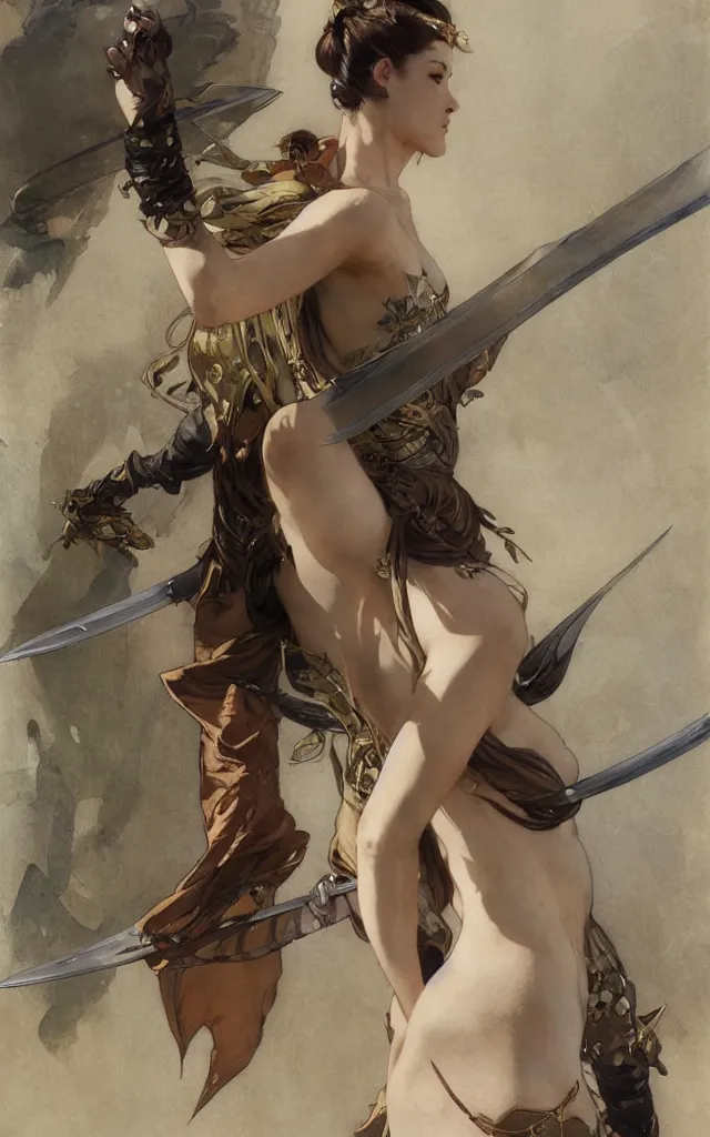 Image similar to modern elegant female ninja, with large sword, feminine, powerful, beautiful, upper body, muscular arms and abdominals, wide leg hakama trousers, highly detailed, by gaston bussiere, mucha, gerome, craig mullins, greg rutkowski, john singer sargent