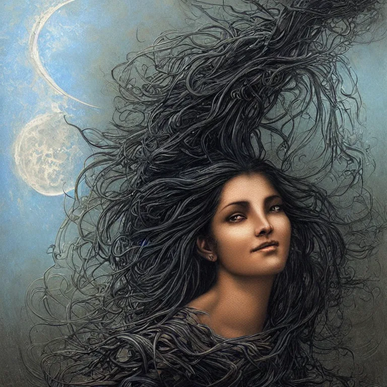 Image similar to beautiful biomechanical moon goddess, flowing hair, intense stare, sweet sarcastic smile, dark blue skin, concept art, realistic oil painting by gustave dore,