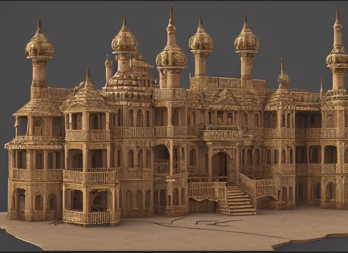 Prompt: digital art of a palace made of cardboard and wood by etienne aubry and franz cizek trending on artstation and rendered in cinema 4 d and trending on artstation and cryengine