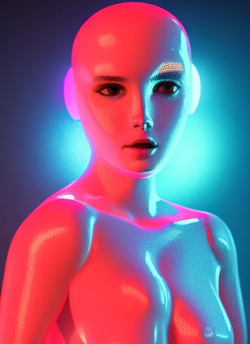 Image similar to a latino female humanoid with freckled cheeks, cyber neon lighting, futurism, intricate futuristic led lit jewelry, retro futuristic glossy white latex swimwear, profile posing, hyper photorealistic, crispy quality, digital photography, trending in artstation, trending in pinterest, cinematic, 4 k ultra hd, art by pascal blanche, art by greg rutkowski,