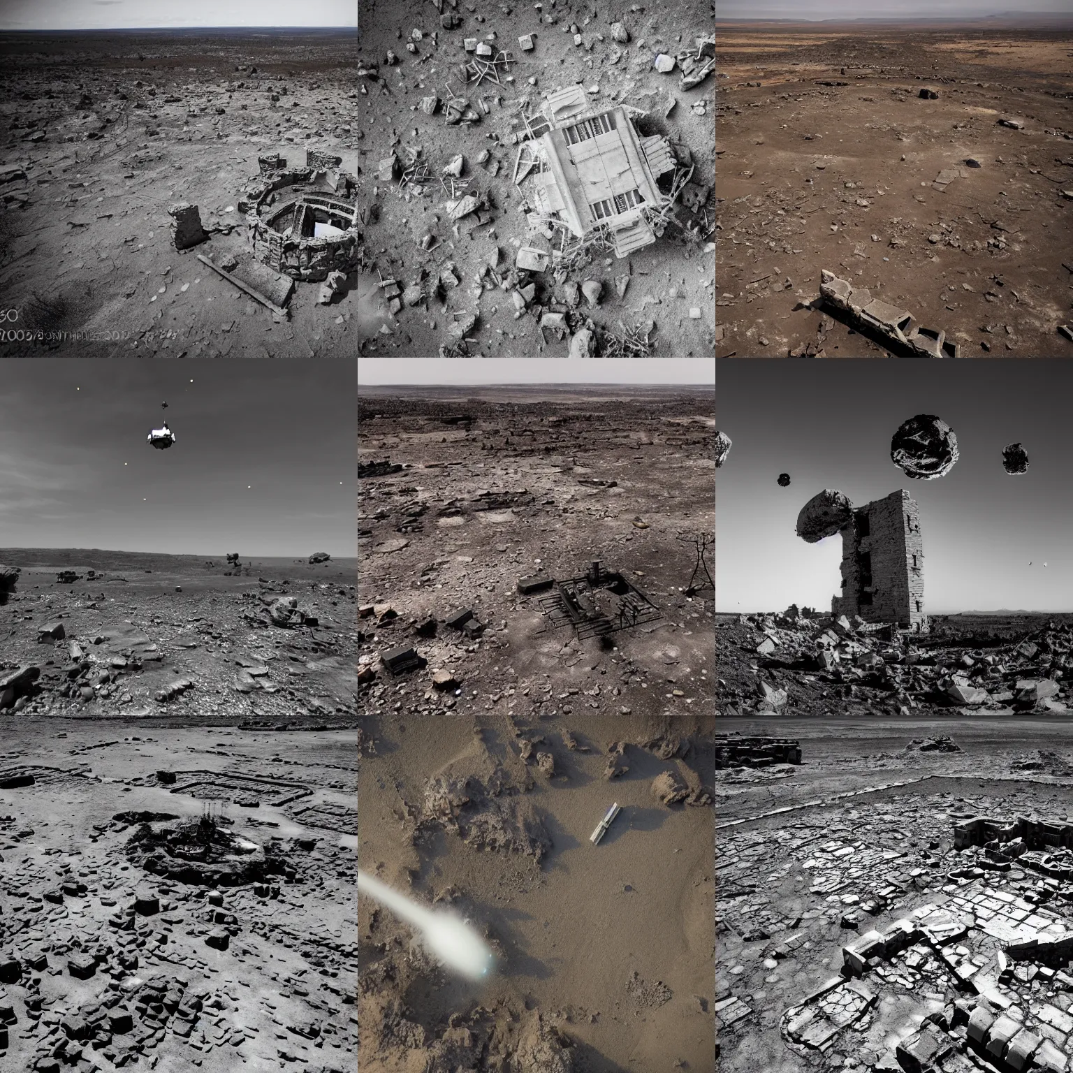 Prompt: photograph, desolate ruins on a distant planet with orbiting debris, drones surveying