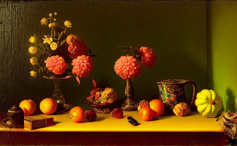 Prompt: still life by evaristo baschenis, jacopo de barberi, jan davidsz de hem | dollpunk, vibrantly lush neon lighting, beautiful volumetric - lighting - style atmosphere, a mystical atmosphere, beautiful detailed, insanely intricate details