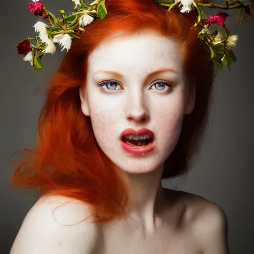 Image similar to !dream Fine art photo of the most beautiful woman, she is redhead, she is posing while maintain a sweet eye contact to the camera, she has a crown of flowers, she has perfect white teeths, the photo was taking by Annie Leibovitz, matte painting, oil painting, naturalism