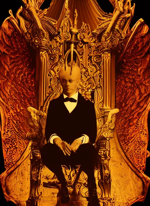 Image similar to lucifer sitting on hellish throne in victorian era cathedral horns and pitchfork 3 0 mm 4 k ray tracing