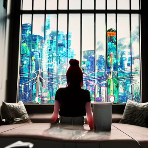 Image similar to synthwave cluttered living room wide shot cyberpunk high tech, cool girl sitting at table, through the window is a cityscape, dramatic lighting, music by vangelis