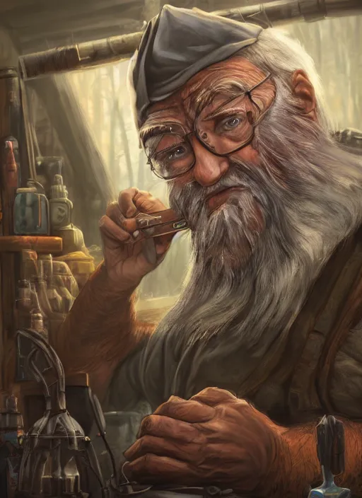 Image similar to An epic fantasy comic book style portrait painting of a an old tinker fat man working on a device in his workshop in the style of the wheel of time, unreal 5, DAZ, hyperrealistic, octane render, cosplay, RPG portrait, dynamic lighting