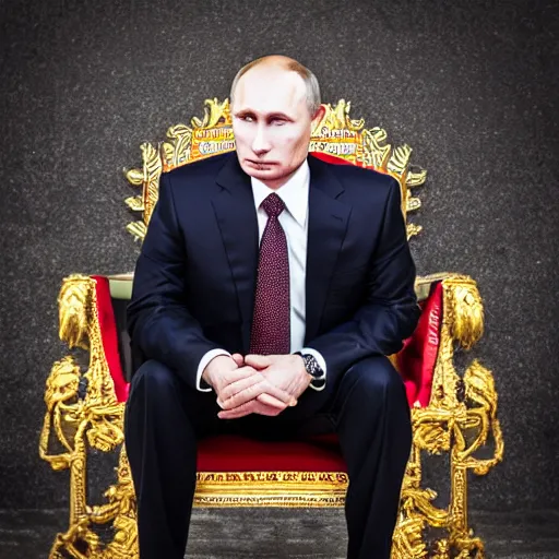 Prompt: A photo of putin the barbarian sitting on his throne, award winning photography, sigma 85mm Lens F/1.4, blurred background, perfect faces