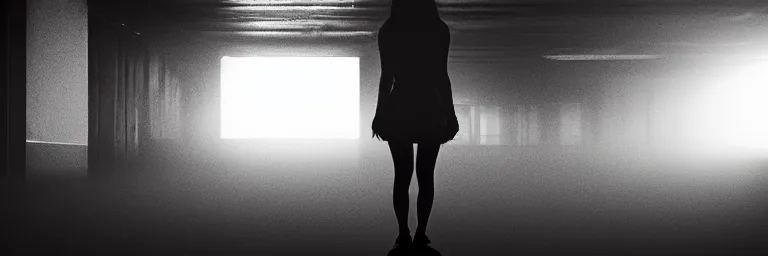 Image similar to dim lights shining through dark fog, emptiness, centered silhouette of a girl standing small, dress, spooky found footage, dramatic contrast, vast empty hall, trending on artstation