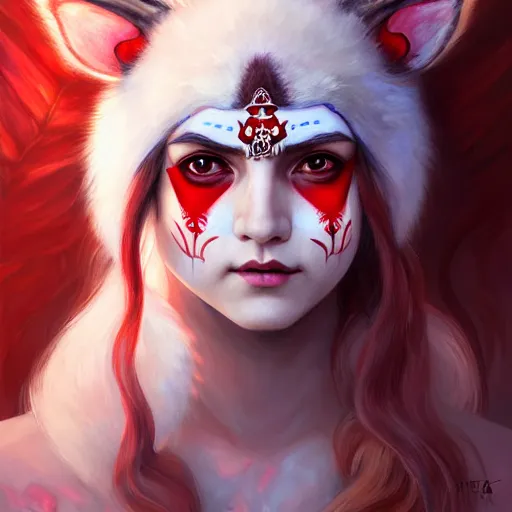 Image similar to Portrait of Aurora Aksnes dressed as Princess Mononoke with red facepaint under her eyes, white fur, face, fantasy, intricate, elegant, highly detailed, digital painting, artstation, concept art, smooth, sharp focus, illustration, art by Fernanda Suarez and Artem Demura and alphonse mucha