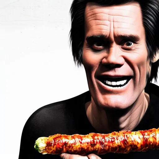 Image similar to jim carrey is fused into a meat stick, hyperdetailed, artstation, cgsociety, 8 k