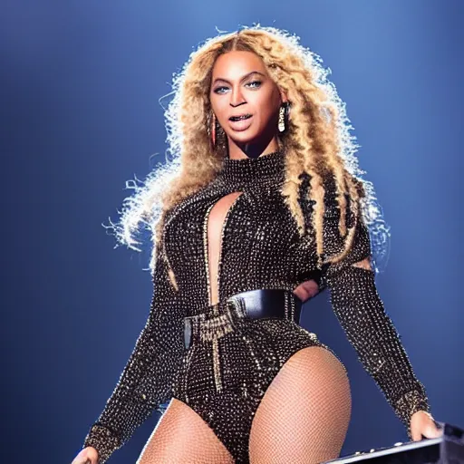 Prompt: Beyonce giving a concert, (EOS 5DS R, ISO100, f/8, 1/125, 84mm, postprocessed, crisp, facial features)