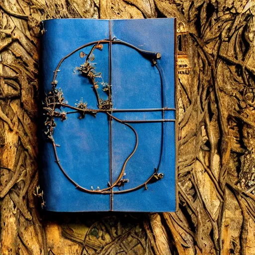 Image similar to a ancient rustic blue leather bound tome, standing open on a wooden stump in a jungle, pages showing their age, cryptic words and drawings visible, vines growing around, mystical lighting, fog, slight glow coming from inside the book