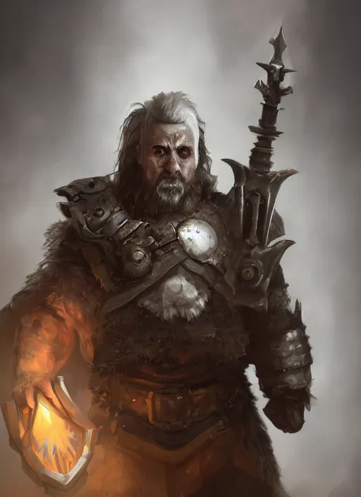 Prompt: A fantasy comic book style portrait painting of a gray dwarf with white eyes as a warrior in a atmospheric dark fortress, unreal 5, DAZ, hyperrealistic, octane render, RPG portrait, ambient light, dynamic lighting