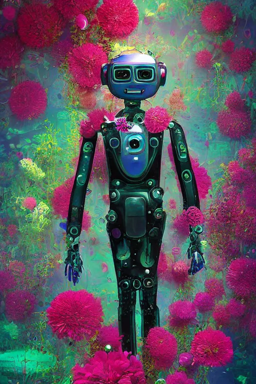 Prompt: an underwater digital painting of a robot wearing a suit made of flowers, 1965 character portrait by Fillip Hodas, cgsociety, panfuturism, made of flowers, dystopian art, vaporwave