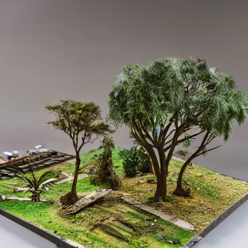 Image similar to a detailed photo of a diorama city, macro photography, zoom, model trees, table, studio lighting