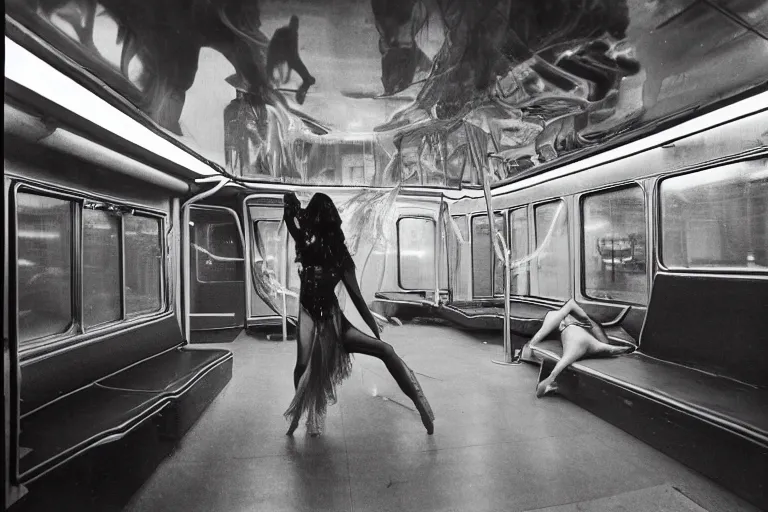 Prompt: high-angle view of a female jellyfish human hybrid dancer wearing shiny discowear sitting inside of an unlit 1970s underwater A-frame house with a soviet computer console on the wall, a glass wall, exterior of newyork subway station with train passenger car with lit windows, ektachrome photograph, volumetric lighting, f8 aperture