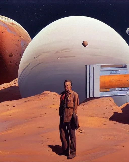 Prompt: a painting of a man standing in front of a planet, a detailed matte painting by david schleinkofer and by philippe bouchet and by syd mead, featured on deviantart, space art, sci - fi, dystopian art, matte painting