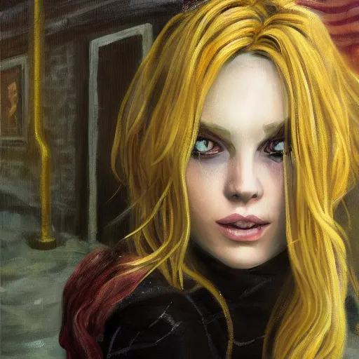 Image similar to oil painting of jinx with golden blonde hair, standing in abandoned building, in style of charlie bowater, detailed face,