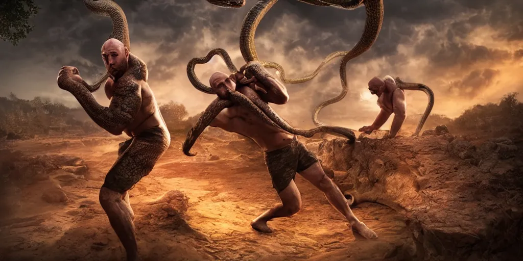 Image similar to The Ryback fighting a snake outdoors, highly detailed, intricate, digital illustration, hyperrealistic, photorealistic, ultra hd, cinematic lighting, award-winning, 4k, beautiful color, high quality, high textured, lens flare