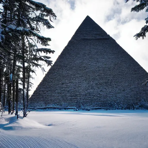 Image similar to a monolithic pyramid in a taiga next to a snowcapped mountain.